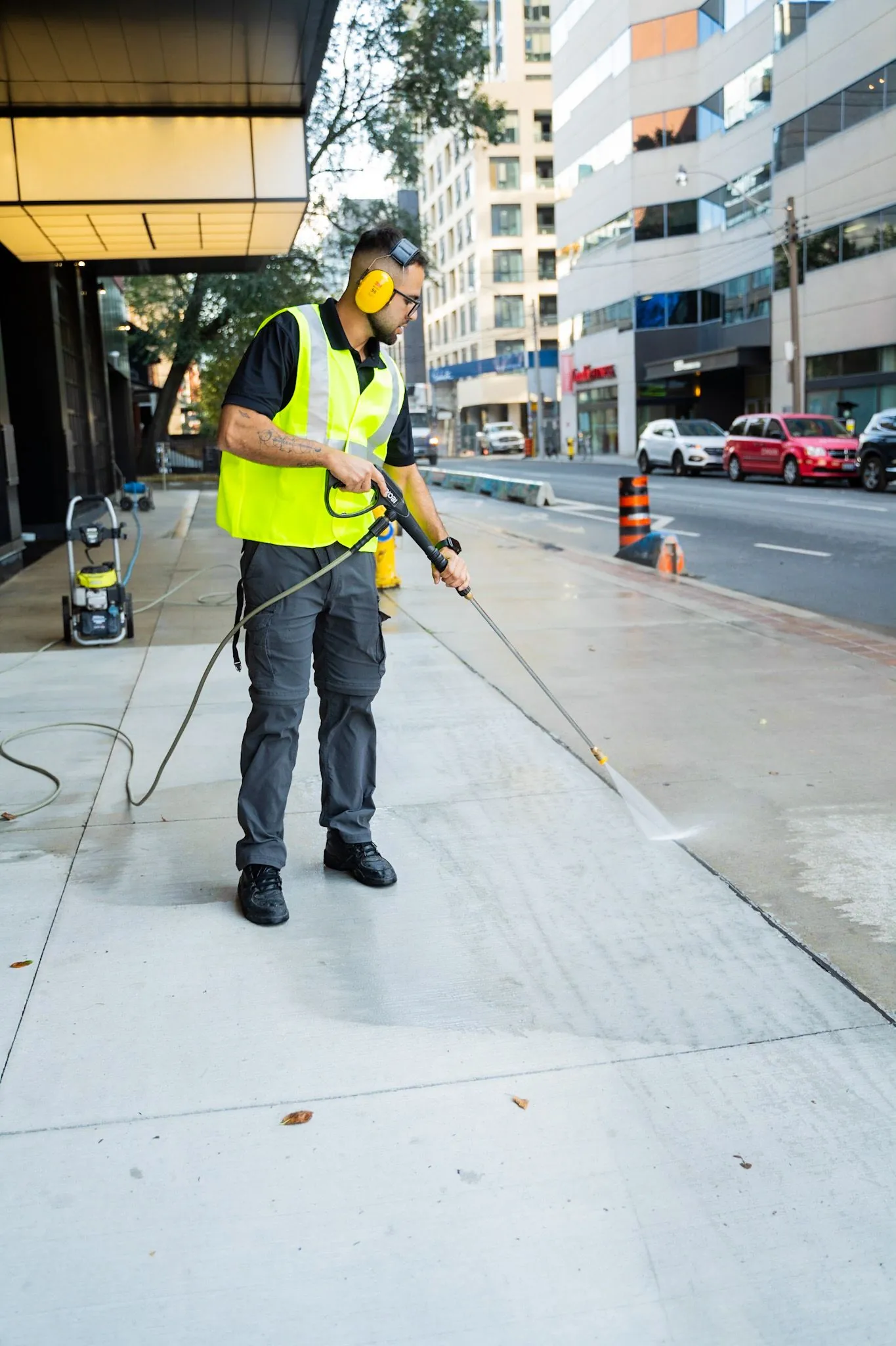 Technician pressure washing an exterior walkway